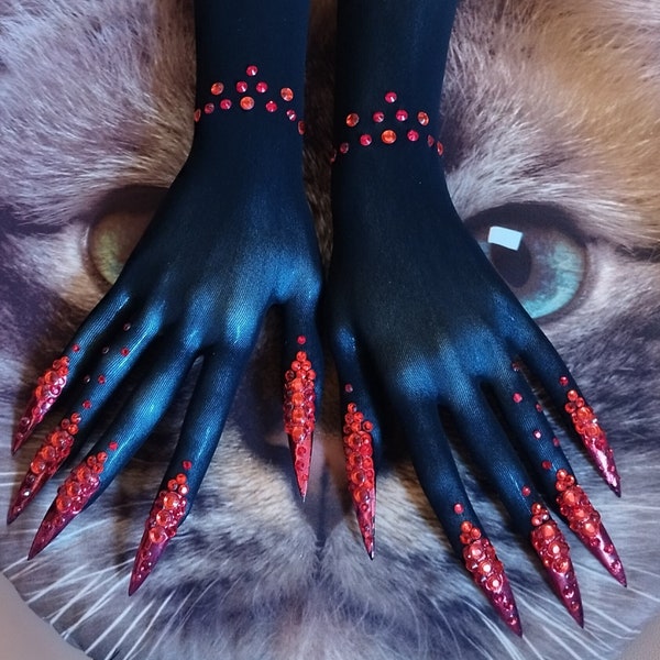 NEW Black Opera Length Gloves with Red Long Nails for Drag Queen, Burlesque ,Cosplayers and Drag Queen Dancers ,Exclusive Gift