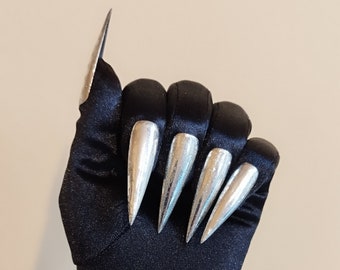 NEW Black Satin Gloves with Silver Nails Elbow Length Gloves for Drag Queen, Burlesque Cosplayers, Drag Queen Dancers, Exclusive Gift