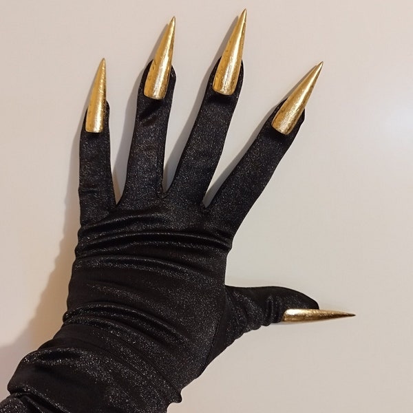 NEW Black Satin Gloves with Gold Nails Elbow Length Gloves for Drag Queen, Burlesque Cosplayers,Drag Queen Dancers, Exclusive Gift