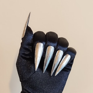 NEW Black Satin Gloves with Silver Nails Elbow Length Gloves for Drag Queen, Burlesque Cosplayers, Drag Queen Dancers, Exclusive Gift