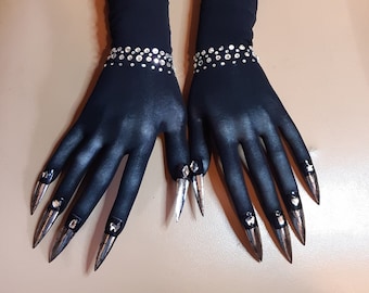 Gants noirs translucides avec clous longueur opéra pour cosplayers drag queen burlesque et danseurs drag queen, cadeau exclusif, Saint-Valentin