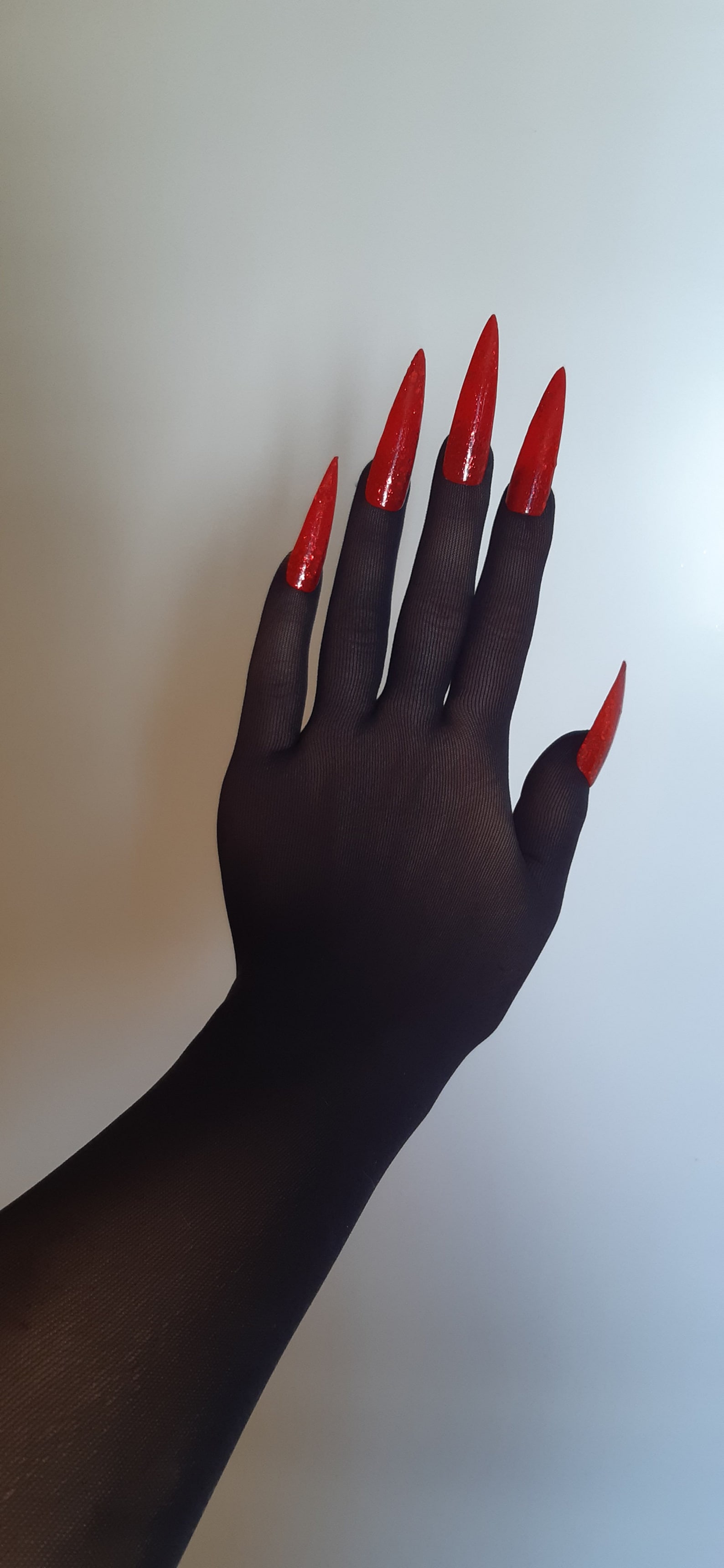 Black Faux Leather Gloves for Long Nails With Red Glitter for Etsy