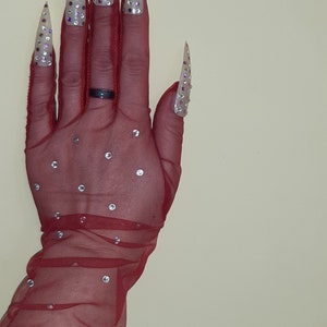 Fashion Long Sheer Tulle Gloves With Nails Wedding Bridal Dress Gloves Sexy Lace Sheer Ultra Thin Glove Bridal Elbow Length Gloves