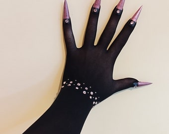 Gants noirs translucides avec clous longueur opéra pour cosplayers drag queen burlesque et danseurs drag queen, cadeau exclusif, Saint-Valentin