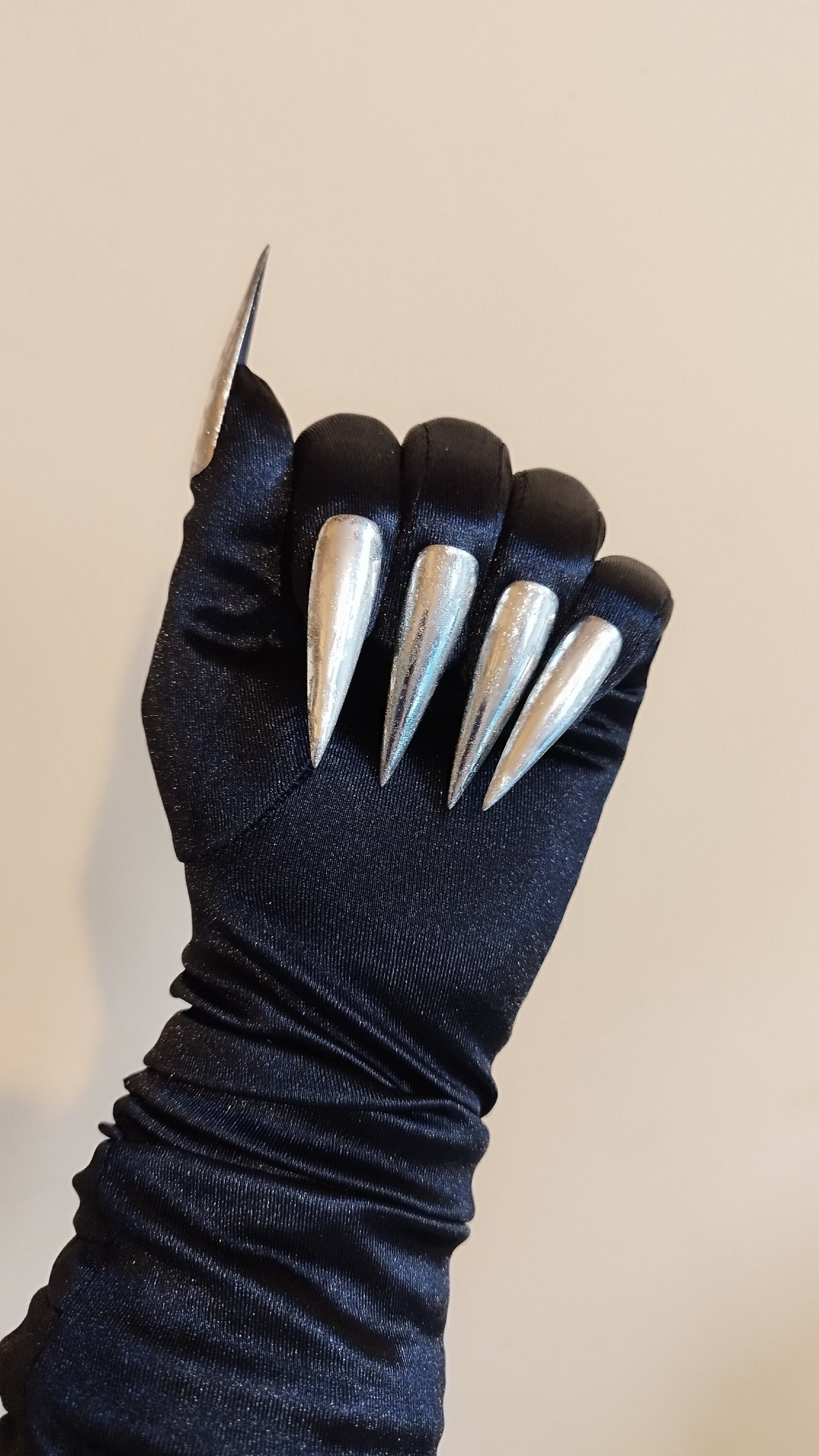 NEW Black Satin Gloves with Silver Nails Elbow Length Gloves for Drag Queen, Burlesque Cosplayers, Drag Queen Dancers, Exclusive Gift