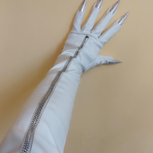 NEW White Zippered Leather Gloves Opera Length White/Silver Claw Gloves Leather Burlesque Gloves