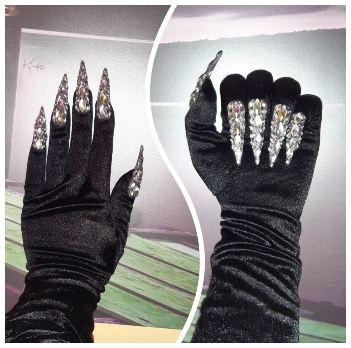 Black Gloves With Long Nails Crystal Stones Drag Queen Etsy