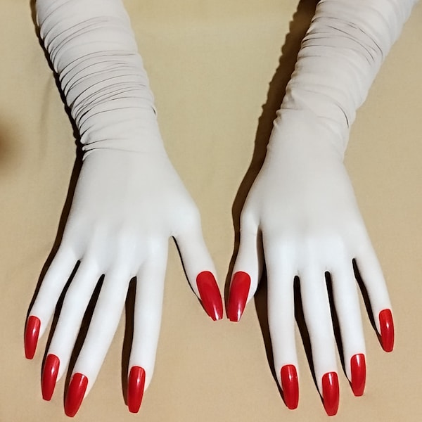 Translucent Opera Gloves with Red Nails for Drag Queen, Burlesque, Cosplayers and Drag Queen Dancers, Exclusive Gift