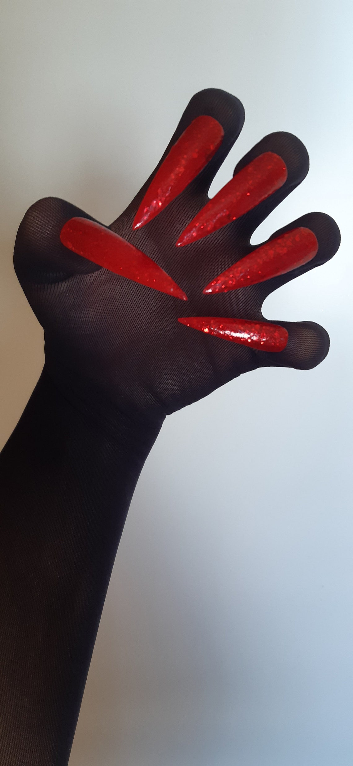Black Faux Leather Gloves for Long Nails With Red Glitter for | Etsy