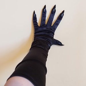 NEW Black Satin Gloves with Black Nails Elbow Length for Drag Queen Burlesque Cosplayers and Drag Queen Dancers