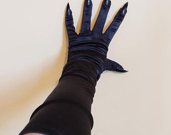 NEW Black Satin Gloves with Black Nails Elbow Length for Drag Queen Burlesque Cosplayers and Drag Queen Dancers