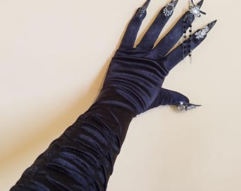 NEW! Black satin opera length gloves, clawed gloves for burlesque show, dress, party show