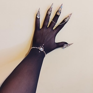 Translucent Opera Gloves with Crystal-Decorated Nails – Elegant Statement for Drag, Fashion & Evening Glamour