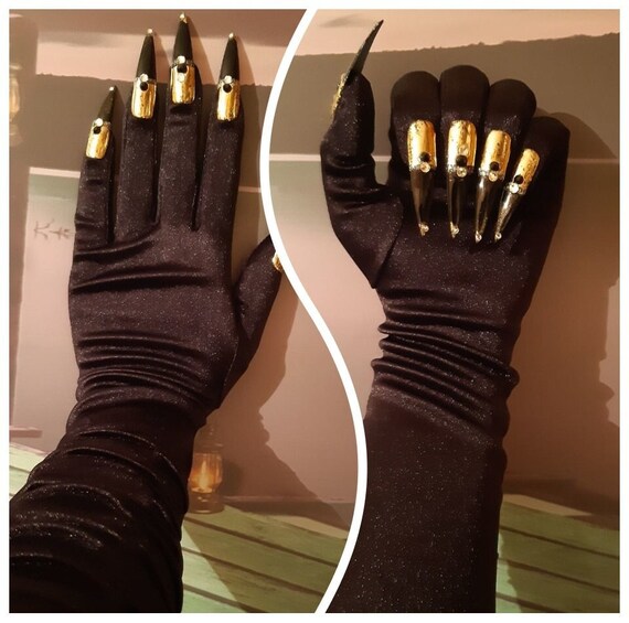 Black Gloves Long Black Gold Nails Crystals Drag Queen Etsy