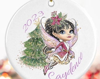 Little girl Christmas Fairy ornament, Personalized gift, Brown, Blue, Green eyes, Baby's first Christmas, Children's ornament