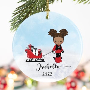 Personalized Christmas Ornament, Cute Christmas girl with sled, Personalized gifts, Custom ornament, granddaughter gift, 3" dia