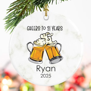 Cheers to 21 years ornament, Cheers to twenty-one years, 21st birthday gift, beer ornament, Personalized gift for him, Custom b-day gift