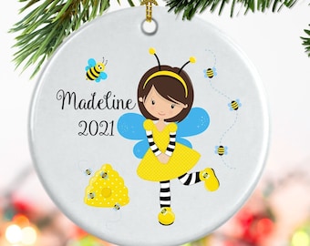 Honey bee fairy princess, Personalize gift for her, Granddaughter gift, Christmas ornament, Holiday tree ornament, Cute stocking stuffer