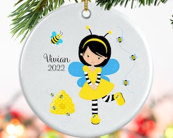 Honey bee princess, Christmas ornament, Personalize with name, Granddaughter gift, Brunette, blonde, black hair, kids gift