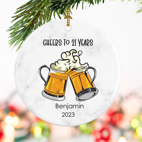 Cheers to 21 years ornament, Cheers to twenty-one years, 21st birthday gift, beer ornament, Ceramic ornament approx. 3 inches in diameter