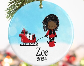 Personalized gifts, African American Ornament, Cute Christmas girl with sled, Custom ornament, Daughter Gift, Granddaughter gift