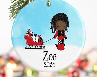 Personalized gifts, African American Ornament, Cute Christmas girl with sled, Custom ornament, Daughter Gift, Granddaughter gift