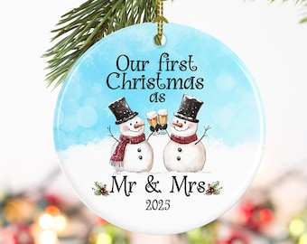Our first Christmas as Mr and Mrs Christmas ornament, Snowman married couple, newlywed gift, anniversary gift, personalized gift for her