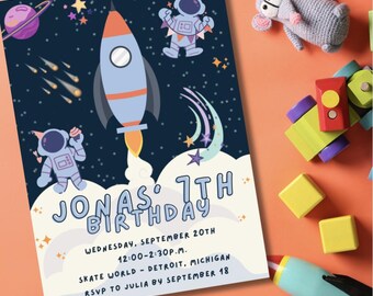 May include: A blue and white space-themed birthday invitation for Jonas' 7th birthday party. The invitation features a rocket ship, stars, and astronauts. The party is on Wednesday, September 20th at 12:00-2:30 p.m. at Skate World in Detroit, Michigan. RSVP to Julia by September 18th.