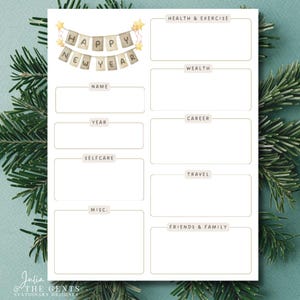 May include: Printable New Year's resolution planner with a banner that says "Happy New Year". The planner has sections for health & exercise, wealth, career, self-care, travel, friends & family, and misc.