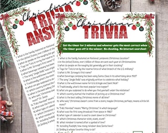 May include: A Christmas trivia game with a red and green holiday theme. The game includes 20 questions about Christmas traditions, history, and pop culture. The game is designed for a group of people to play together.