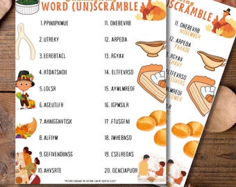 May include: A printable Thanksgiving word unscramble game with 20 words to unscramble. The words are related to Thanksgiving, such as "turkey", "gravy", and "pie". The game is designed to be printed and played by children or adults.