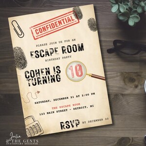 May include: A vintage-style invitation for a 10th birthday party. The invitation features a red stamp that says "CONFIDENTIAL" and a magnifying glass with the number "10" inside. The text reads "Please join us for an Escape Room Birthday Party. Cohen is turning 10. Saturday, December 21 at 2:00 PM. The Escape Room, 123 Main Street - Detroit, MI. RSVP by December 20."