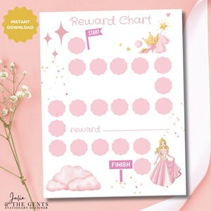May include: A printable pink and gold princess-themed reward chart with a pink cloud, a crown, a star wand, and a princess in a pink dress. The chart has 20 pink circles to color in and the words "Start", "Reward", and "Finish".