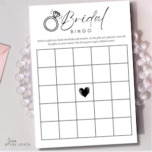 Téléchargement numérique instantané - Jeu de bingo pour la douche nuptiale noir et blanc, bague, Bling, coeur, mariage, cartes vierges, jeu de douche, cartes de bingo à remplir