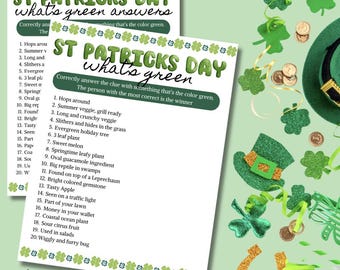 Descarga instantánea para imprimir: juego del Día de San Patricio, juego de fiesta, trivia de vacaciones, ¿Qué es verde?, juego de noche familiar, juego de oficina, juego escolar