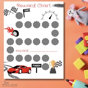 May include: A printable reward chart with a race car theme. The chart features a race track with spaces for stickers or checkmarks. The chart also includes a speedometer, a finish line, and a trophy. The text "Reward Chart" is at the top of the chart. The text "Start" is at the beginning of the race track. The text "Finish" is at the end of the race track. The text "reward" is below the race track.