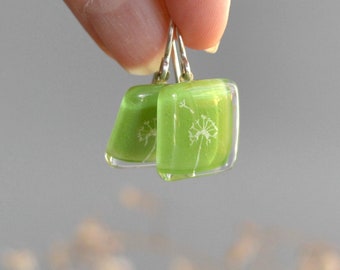 Lime green dandelion earrings, Spring dangle earrings, Sustainable gifts for sister, Sterling silver and fused glass, Unique gifts under 50