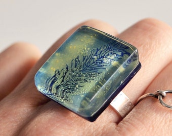 Hand painted fern ring, Chunky glass yellow and teal, Adjustable sterling silver band, Fused glass art jewelry, Unique eco gift for wife