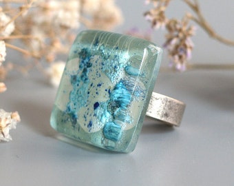 Bold glass ring, Hand painted vitreous enamels, Chunky square ring for woman, Unique gift for sister, Jewelry gift for girl friend