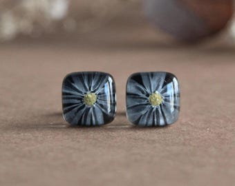Daisy Button Earrings, Hand Painted Glass and 925 Sterling Silver