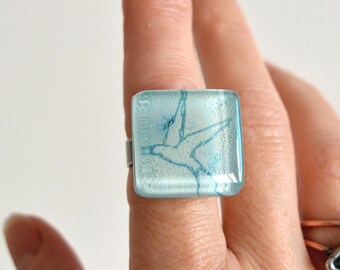 Statement ring with swallow, Hand painted jewelry, Unique gift for bird lover, Chunky nature rings, Fused glass, Sustainable gifts for women