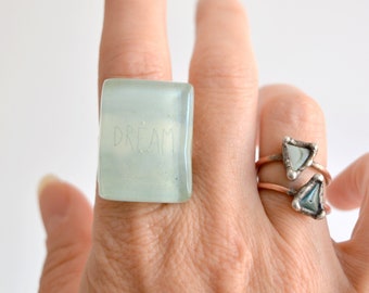 Big aqua blue statement ring, Adjustable chunky rectangle ring, Recycled glass, Artisan jewelry, Sustainable birthday gifts for friend woman