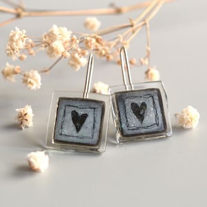 Fused glass heart earrings, black and gray square glass, Sterling silver hook, Unique dangle earrings, Eco friendly Mothers day gift image 1