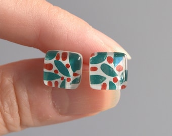 Hand-painted Stud Earrings, Leaves & Berries Design, Fused Glass and 925 Sterling Silver Jewelry
