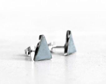 Smokey blue triangle earrings, Recycled glass jewelry, Tiny sterling silver earrings, Sustainable gifts for him or her, Unique unisex gift