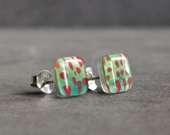 Hand Painted Poppy Earrings 925 Sterling Silver Studs, Reclaimed Glass