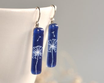 Cobalt blue dandelion earrings, Long dangle bar, Recycled glass earrings, Make a wish, Sustainable nature jewelry, Eco gift for sister