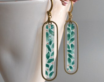 Emerald Green Leaf Earrings: Brass Hoop Hand-Painted Glass Dangles