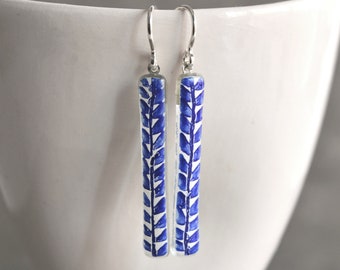 Leaf dangle earrings, Blue or Green, Enamel on glass, Sterling silver hooks, Jewelry gift for nature lovers, Unique gifts for women