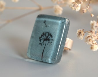 Bague en verre fusionné pissenlit volumineux - Bijoux artisanaux tendance